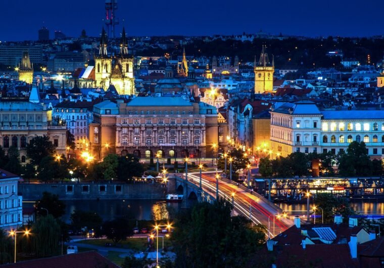 prague, panorama, night shot