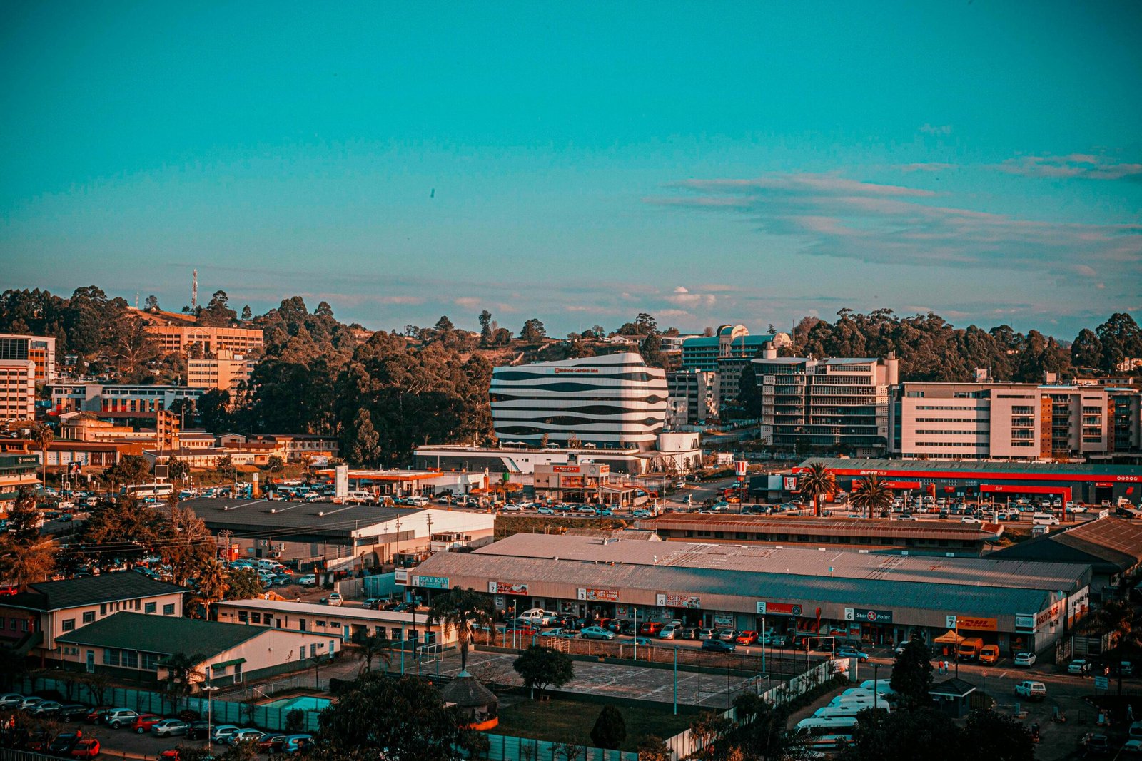 a city with a large building