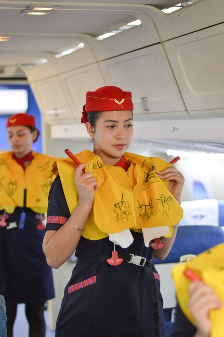 Airline flight attendants conduct a safety demonstration inside the aircraft cabin.