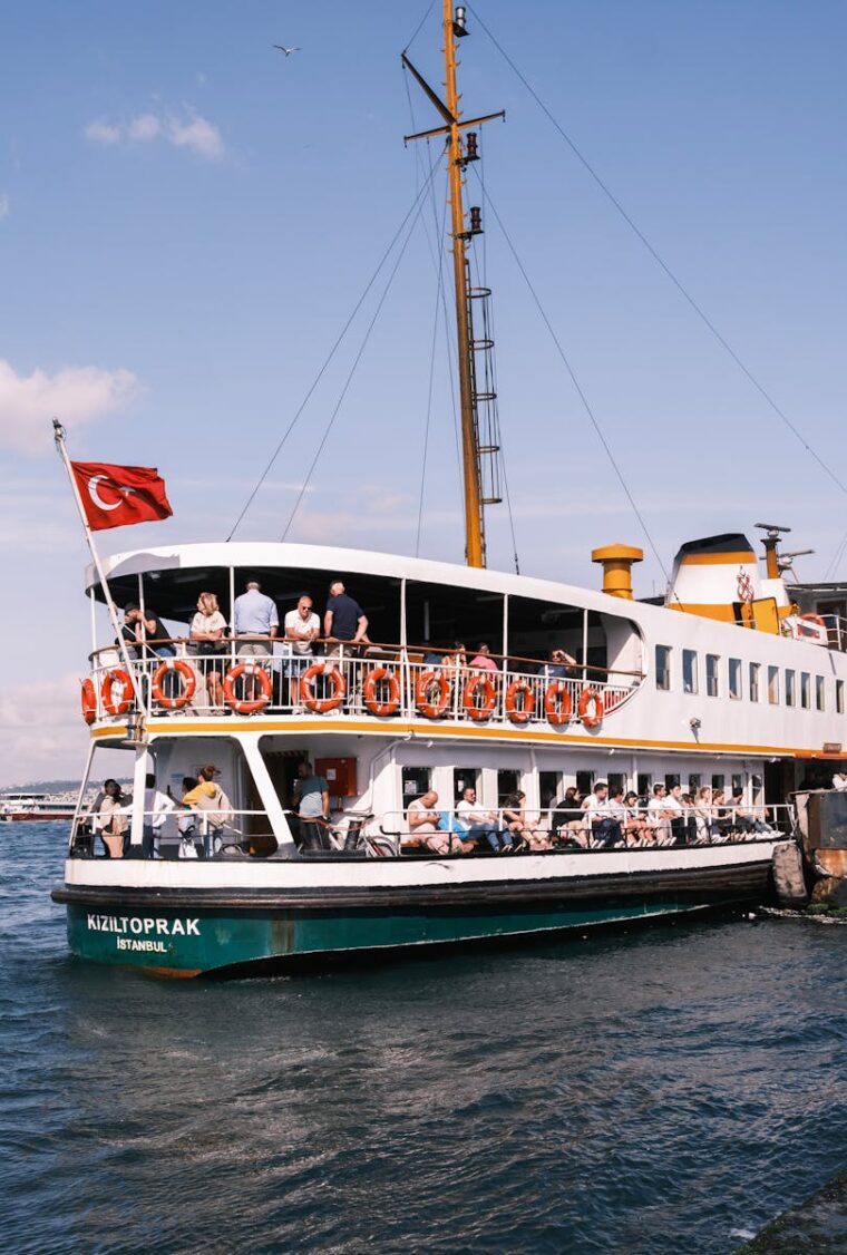 Experience the vibrant ferry scene in Istanbul with passengers enjoying a sunny ride.