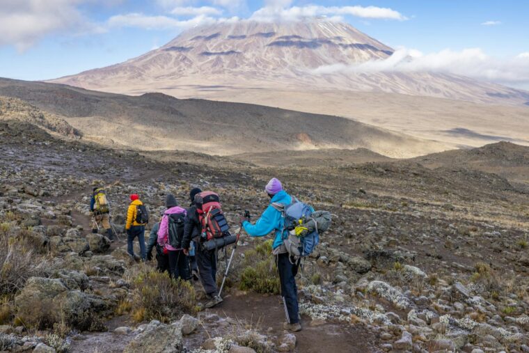 Hikers exploring the rugged trails of Mount Kilimanjaro, Tanzania, surrounded by stunning vistas.