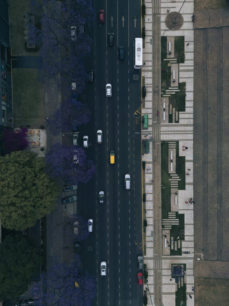 Aerial shot of a busy street in Buenos Aires with cars and trees lining the road.