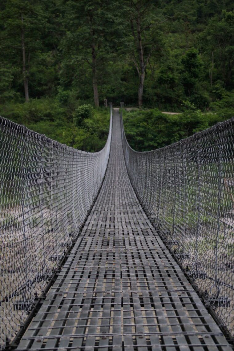 Suspension bridge in lush Nepalese forest, offering an adventurous pathway.