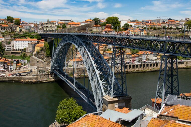 Scenic view of the Dom Luís I Bridge spanning the Douro River in Porto, Portugal.