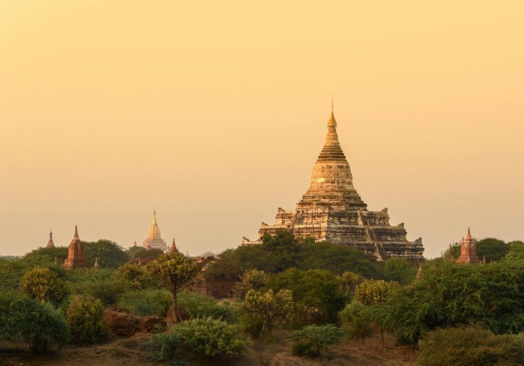 Stunning view of ancient pagodas in Old Bagan at sunset, Myanmar.