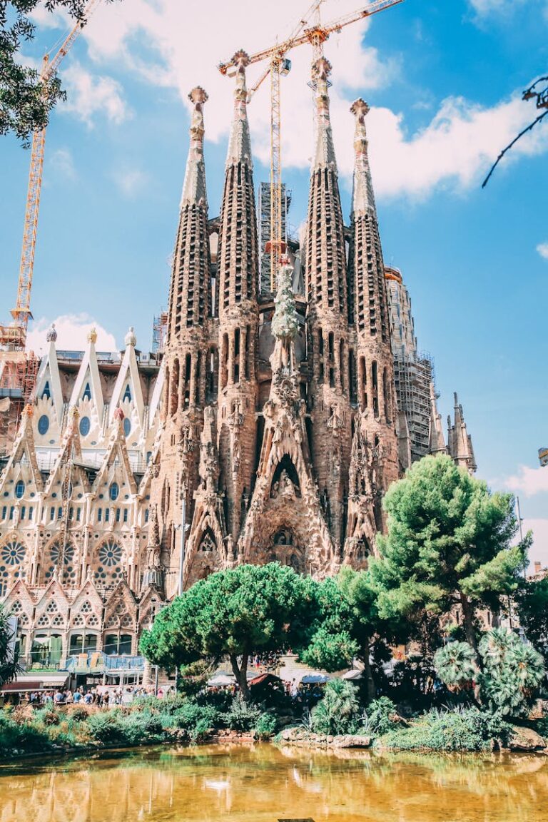 Iconic view of Sagrada Familia in Barcelona with clear blue skies, showcasing Gothic architecture.