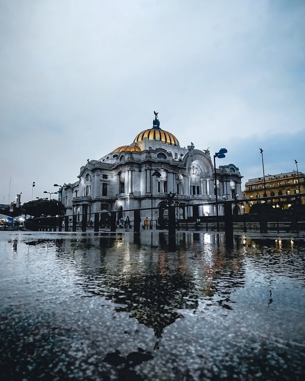 Reflective night view of Palacio de Bellas Artes in Mexico City, highlighting its iconic architecture.